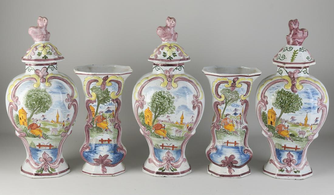 Antique five-piece Delft Fayence cabinet set: Antique Dutch five-piece Delft Fayence polychrome garniture with landscape decor. Marked HB Dimensions: H 26 - 39 cm. In good condition.