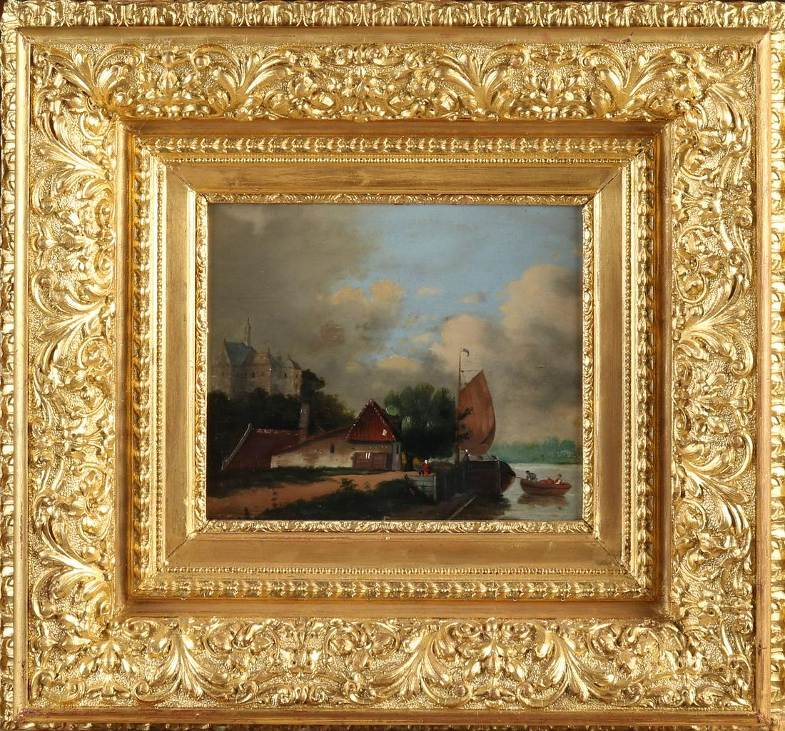 Dutch School, River View with Castle: Dutch School. 19th century. River view with castle, boats and figures. Oil paint on panel. Dimensions: H 20 x W 27 cm. In fair/good condition.