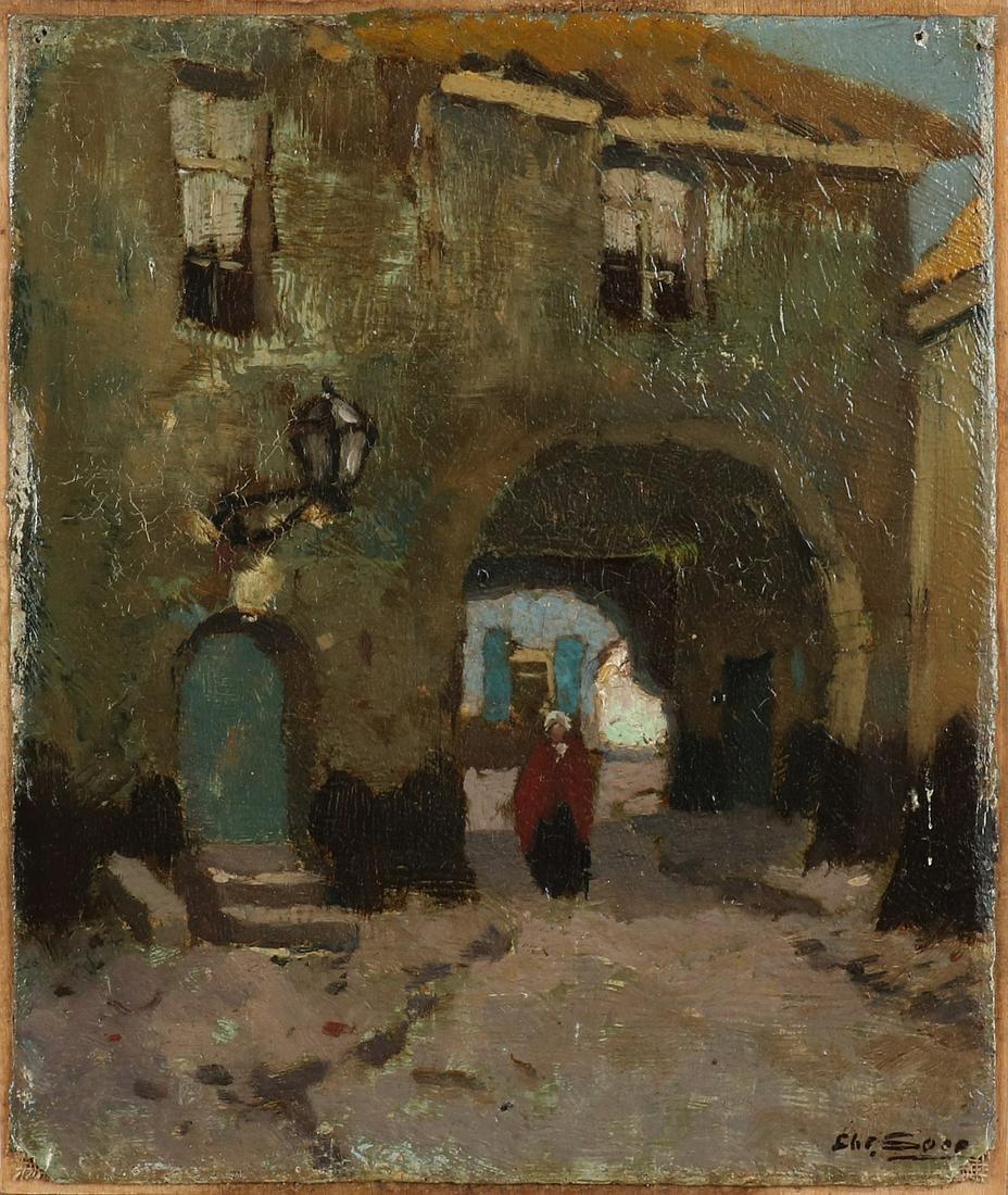 Chris Soer, Poortje at Elburg: Chris Soer. 1882 - 1962. Gate near Elburg. Oil on linen. Maroufle. Dimensions: H 17 x W 14.5 cm. In good condition.