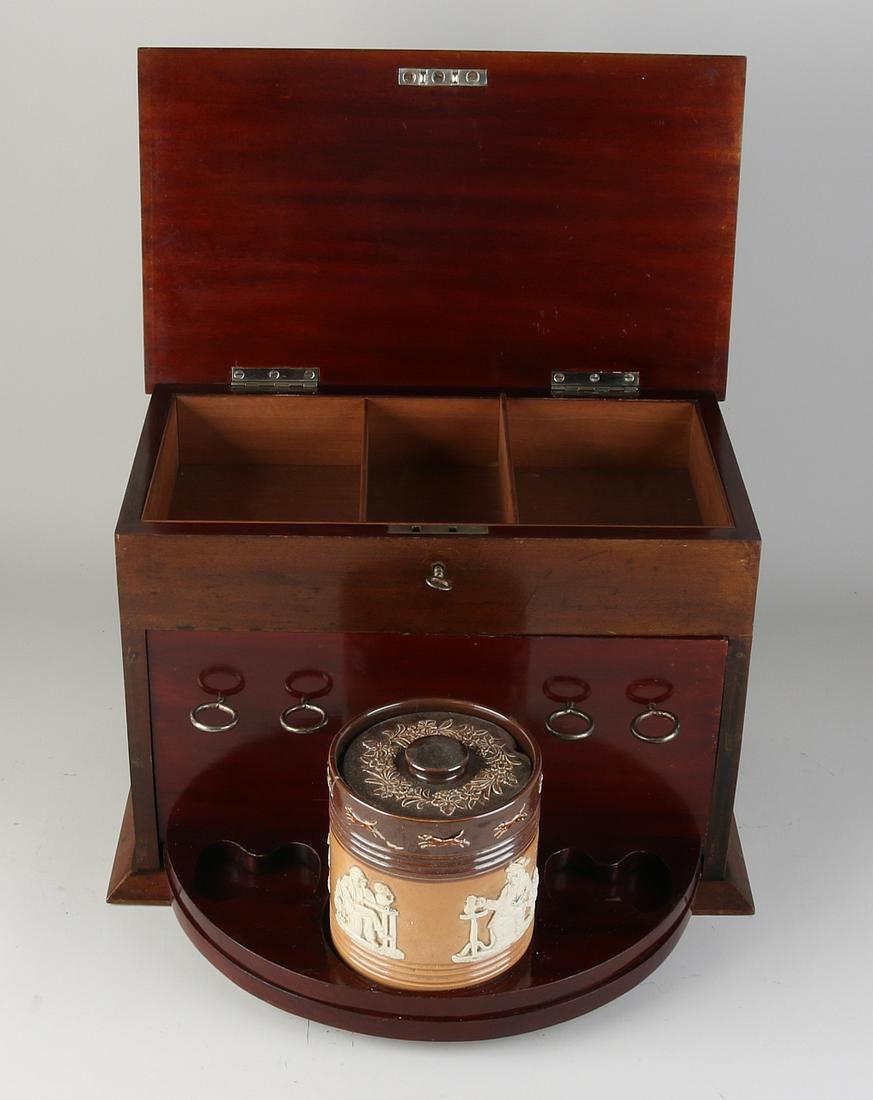 Antique English humidor: Large antique English mahogany humidor with silver plaque Leonard Brown ESO Ealing Conservative Association March 21st 1932. With storage space and tobacco jar. Tobacco jar damaged, otherwise in good