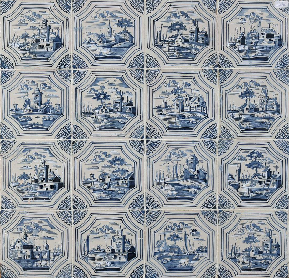 Tile panel, Landscape (16 pcs.): Tile panel with sixteen Dutch landscape tiles. 18th - 19th century. Dimensions: 53 x 53 cm. In good condition.