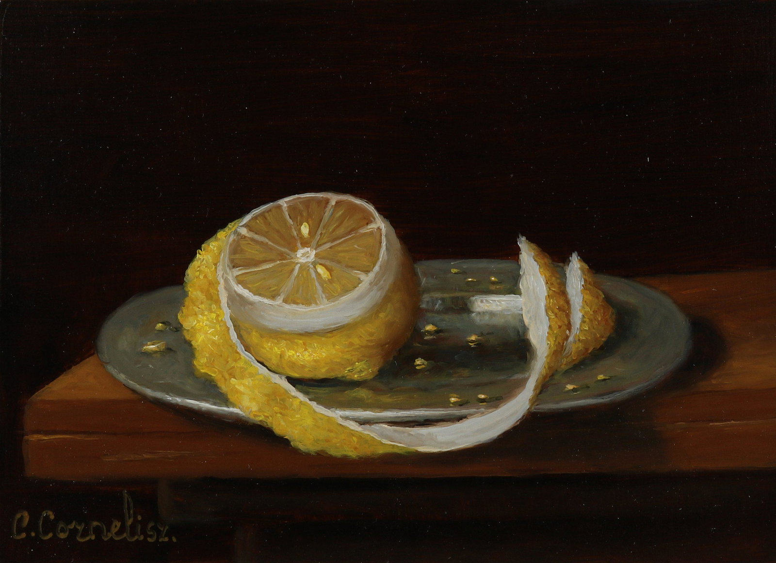 C. Cornelisz, Still life with lemon and pewter plate: C. Cornelisz. 21st century. Still life with lemon and pewter plate. Oil paint on panel. Dimensions: H 13 x W 18 cm. In good condition.