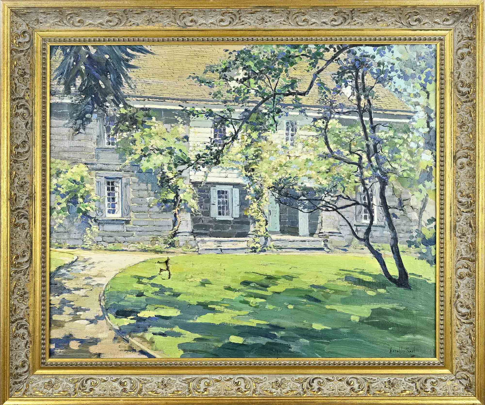 Arrah Lee Gaul, Bertram's Garden: Arrah Lee Gaul. 1883 - 1980. American School. Title: Bertram's Garden. Oil on linen. Damages. Dimensions: H 65 x W 75 cm. In decent shape.