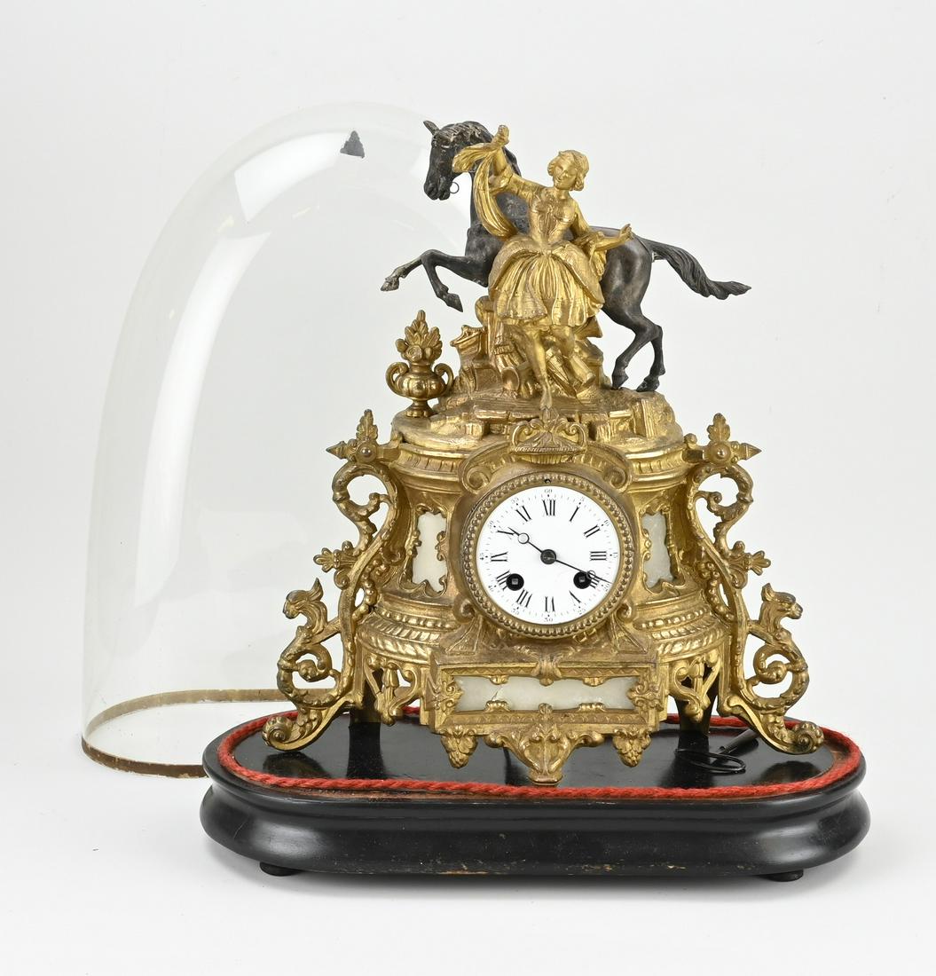 Antique French mantel clock + bell jar: Antique French gilded composition metal mantel clock under glass dome. Circa 1860. Lady with horse. Eight-day movement, half-hourly strike and spring pendulum. Dimensions: 47 x 38 x 17 cm. In good con
