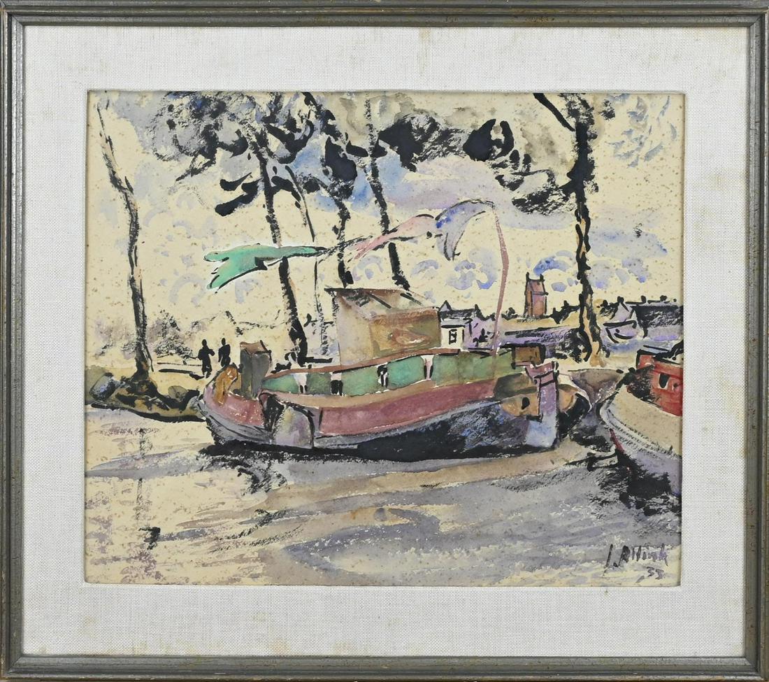 Jan Altink, Harbor View: John Altink. '35. 1885 - 1971. Groningen team, harbor view with figures. Reverse labels. Watercolor on paper. Lots of moisture stains. Dimensions: H 37 x W 47 cm. In decent shape.