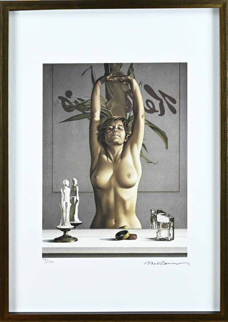 Mel Ramos, Female nude in front of a mirror: Lithograph/offset Mel Ramos. No. 295/500. Paper Arches France Infinity. Georges Israel Editor. Female nude in front of mirror. Lithograph on paper. Dimensions: H 38.3 x W 57.1 cm. In good condition.