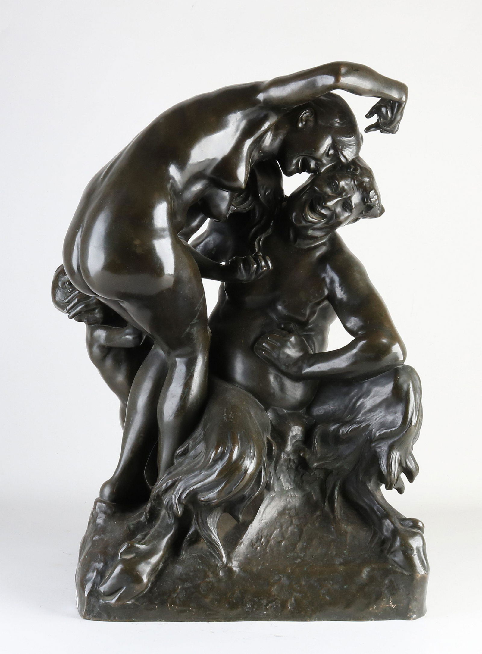 Bronze figure group by Jef Lambeaux: Antique bronze group of figures by Jef Lambeaux. 1852 - 1908. Nude woman with faun. Size: 59 cm. In good condition.