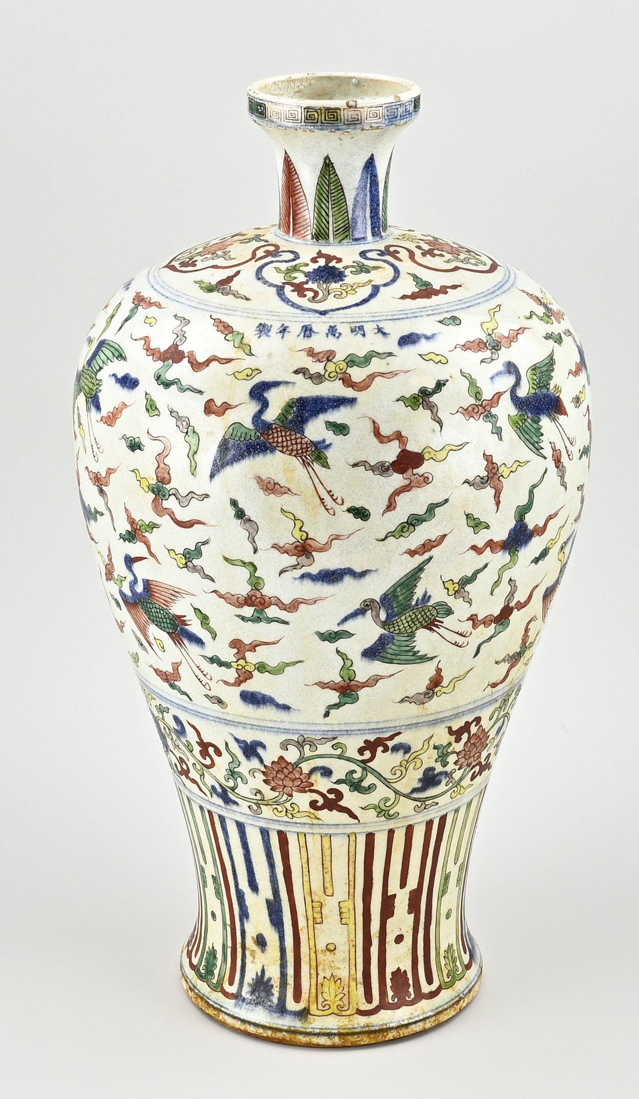 Chinese meiping vase, H 50.7 cm.: Old Chinese porcelain meiping vase with doucai depiction, crane/floral decor. Signs of old age. Dimensions: H 50.7 cm. In good condition.