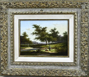 JE Morel, Dutch landscape with cattle and figures: Jan Evert Morel. 1835 - 1905. Dutch landscape with cattle and figures. Oil paint on panel. Dimensions: H 15 x W 20.5 cm. In good condition.