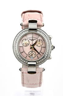 Balmain watch pink strap: Pierre Balmain women's watch, chronograph, steel with a pink leather strap. Equipped with a pink mother-of-pearl dial. With sapphire glass. ø32mm. no.: 5811. Quartz, working. Some signs of use. In