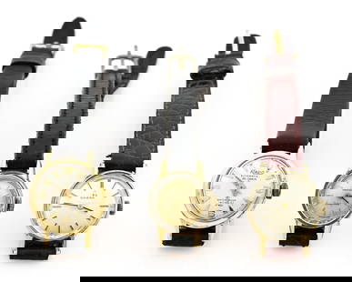 3 Watches, Omega and Rado: Three vintage ladies' watches with leather strap. Small watch, Omega Ladymatic with a black strap, an Omega watch, mechanical, with a brown strap and a Rado watch automatic with a brown leather strap.
