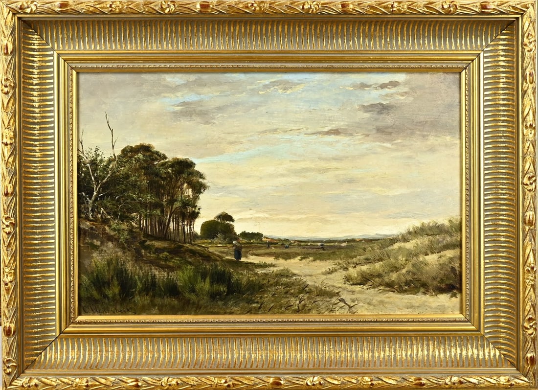 C. Westerbeek, Dune landscape with hikers: Cornelis Westerbeek. 1844 - 1903. Dune landscape with hikers. Oil paint on panel. Dimensions: H 34 x W 53 cm. In good condition.