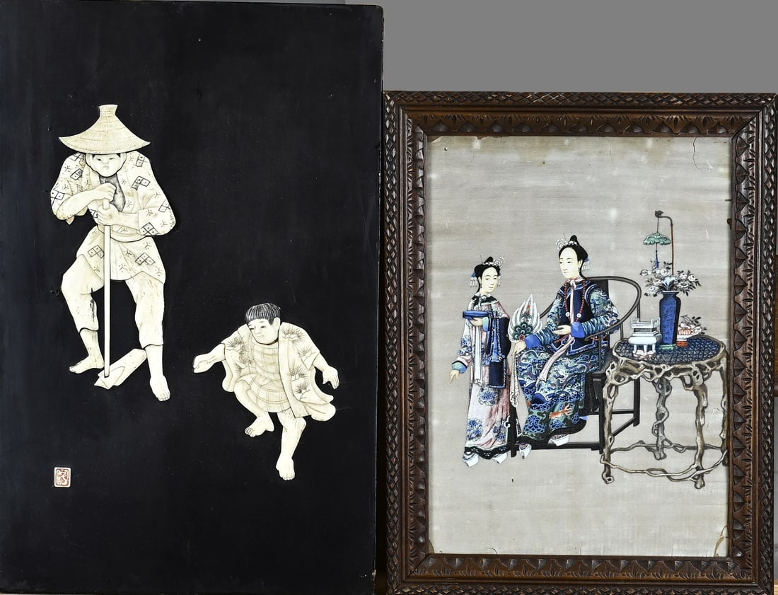2x Japan: Two parts Japan, antique. 1x Signed paintwork, panel with bone. 1x Rice paper, gouache, interior with figures, some tears. Size: 29 - 39 cm. In fair/good condition.