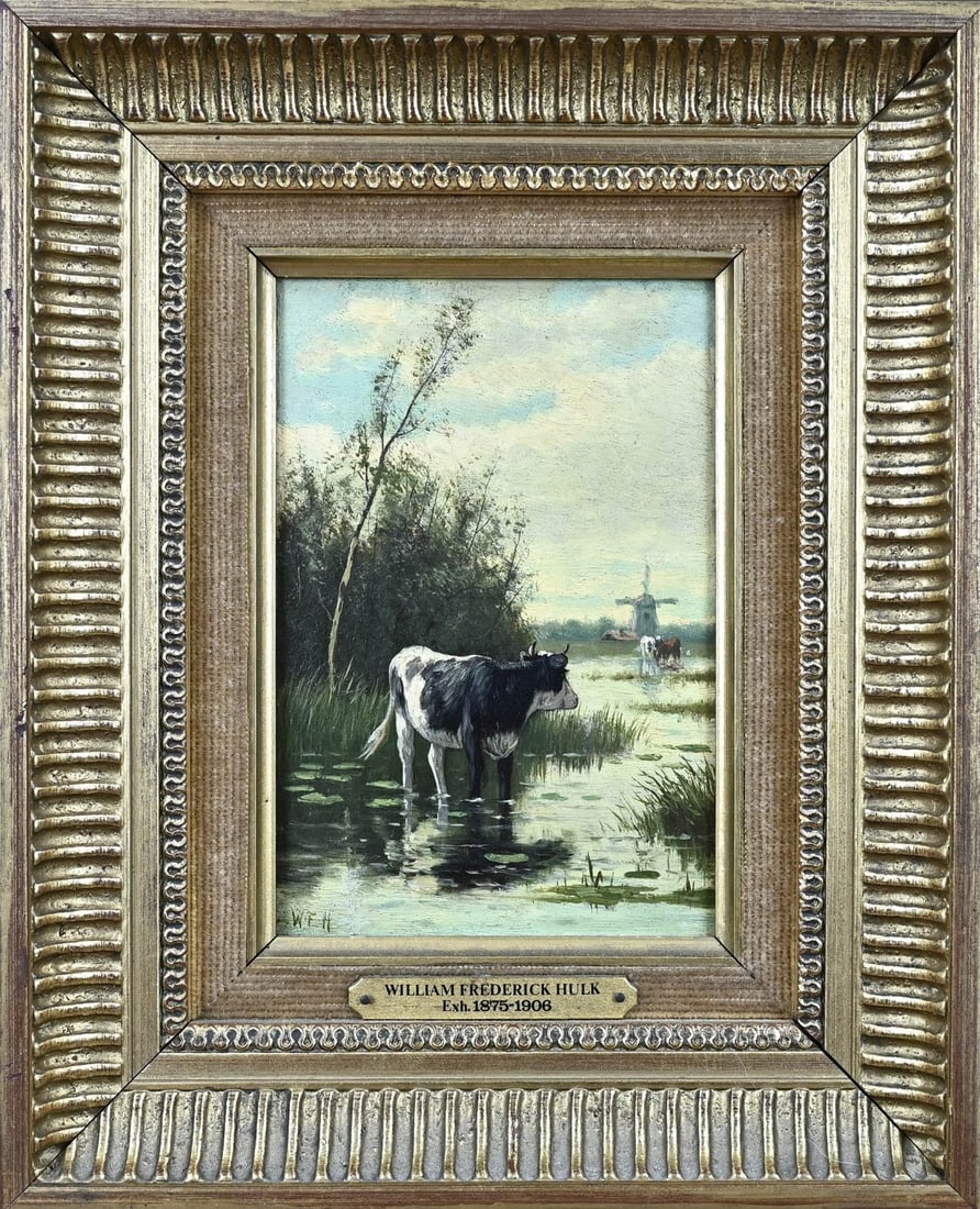 WF Hulk, Polder view with cows: William Frederick Hulk. 1875 - 1908. Dutch polder view with cows and windmill. Oil paint on panel. Dimensions: H 16 x 11 cm. In good condition.