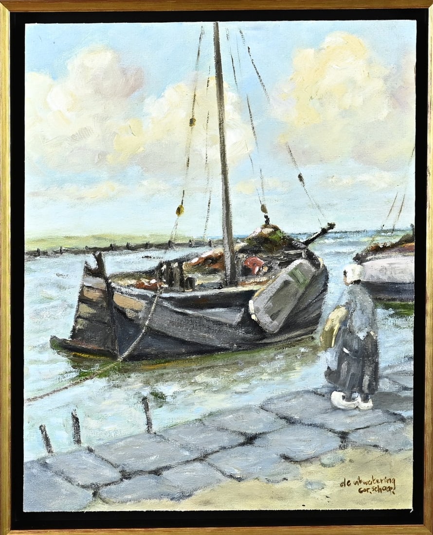 Cor Schaap, "De Uitwatering": Cor Schaap. Second half of the 20th century. "De Uitwatering" Oil on linen. Dimensions: H 29.5 x W 23.5 cm. In good condition.