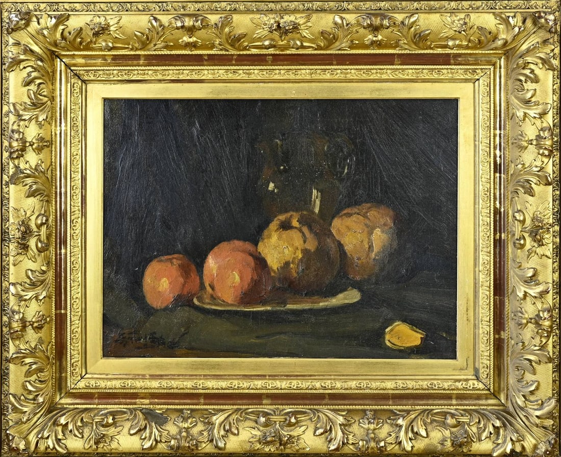 Eduard Frankfort, Still life: Edward Frankfort. 1864 - 1920. Still life with jug and fruit. Oil on linen. Dimensions: H 34 x W 51 cm. In good condition.