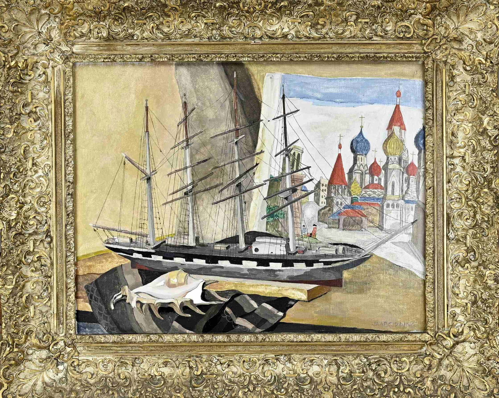 Jaap Gidding, Still life with model ship + Russian church: Jaap Gidding. 1887 - 1955. Still life with model ship + Russian church. Oil on linen. Dimensions: H 40 x W 50 cm. In good condition.