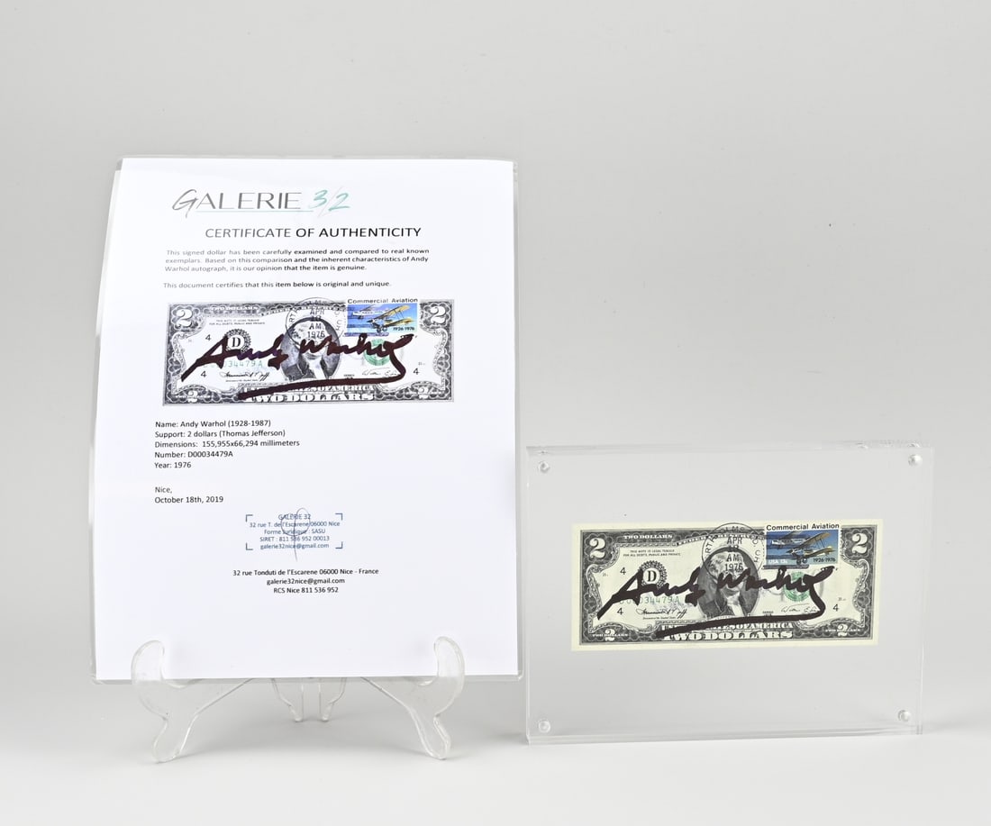 Andy Warhol, 2 Dollar bill + certificate (1 of 1)