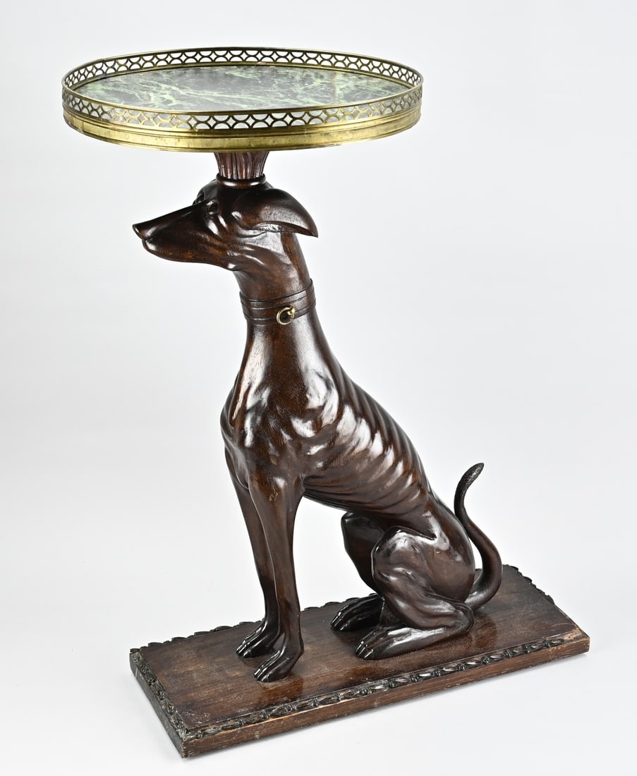Table with greyhound, 1900: Antique English mahanie side table with greyhound and marble top. Circa 1900. Dimensions: H 75 x Ø 36 cm. In good condition.