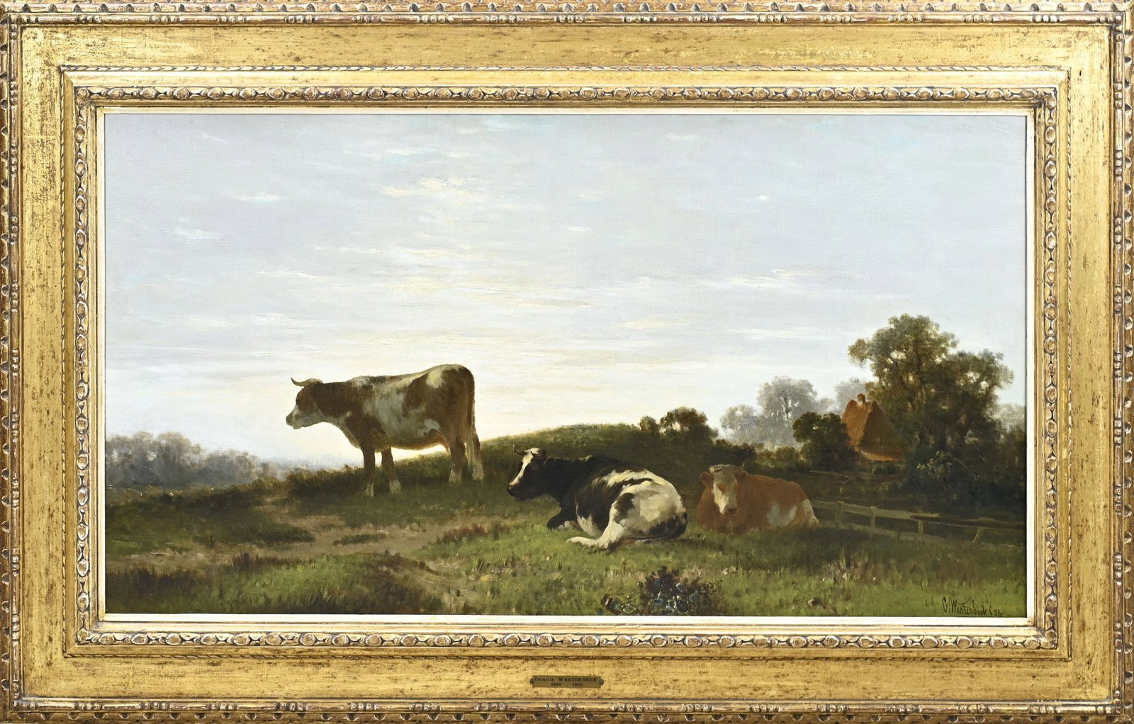 Cornelis Westerbeek, Landscape with resting cows: Cornelis Westerbeek. 1844 - 1903. Landscape with farm and resting cows. Painting is in a Paul Gehring frame. Oil on linen. Dimensions: H 56 x W 108 cm. In good condition.