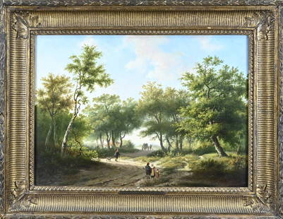 HP Cuckoo, Sunny forest path with horse cart and figures: Hendrik Pieter Koekkoek. Sunny forest path with figures and horse cart. Oil paint on panel. Dimensions: H 35 x W 49 cm. In good condition.