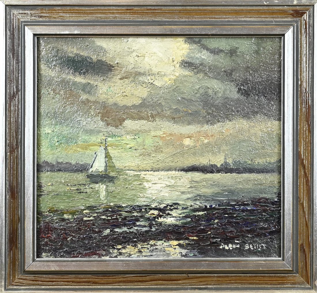 Betist, Boat on a lake at night: Pleun Betist. 1894 - 1971. Boat on lake at night. Oil on linen. Dimensions: H 21 x W 23 cm. In good condition.