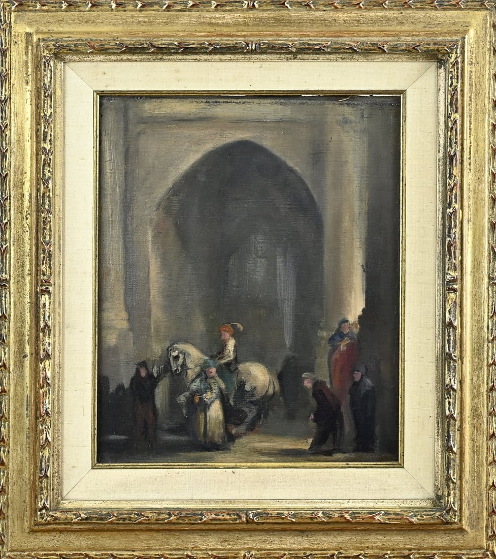 H. van Meegeren, Figures in church: Han van Meegeren. 1889 - 1947. From collection. Unsigned. Figures in church. Biblical. Oil on linen. Dimensions: H 30.5 x W 24.5 cm. In good condition.
