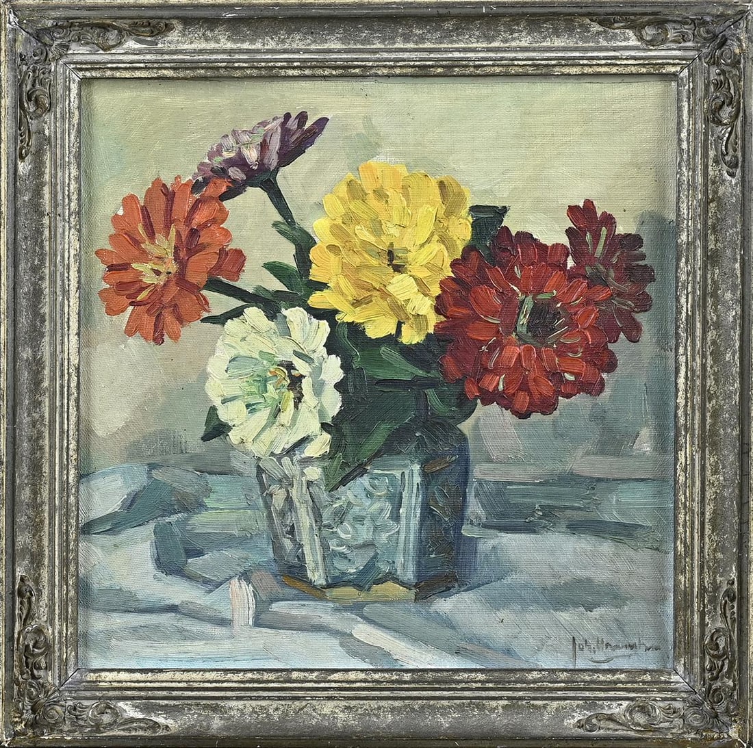 Johan Haanstra, Ginger jar with flowers: Johan Haanstra. 20th century. Ginger jar with flowers. Oil on linen. Marouflé. Dimensions: H 27 x W 27 cm. In good condition.