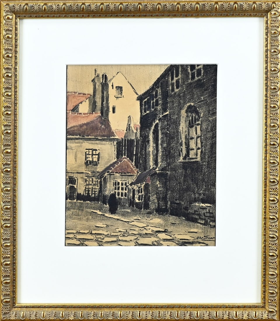 Chris Soer, Cityscape: Chris Soer. 1882 - 1962. Cityscape with figure. Mixed media on paper. Dimensions: H 18 x W 15 cm. In good condition.