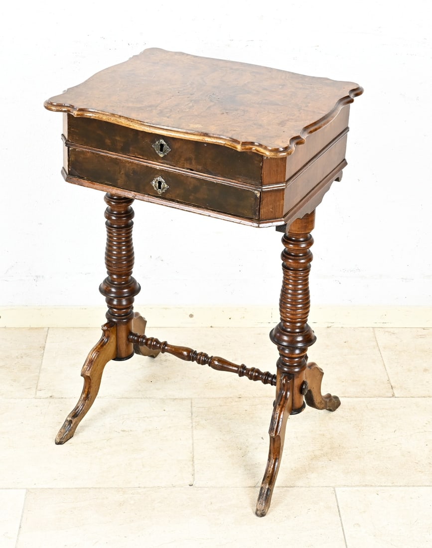 Sewing table, 1860: Antique burl walnut Louis Philippe sewing table. Germany. Circa 1860. Dimensions: 76 x 48 x 41cm. In good condition.