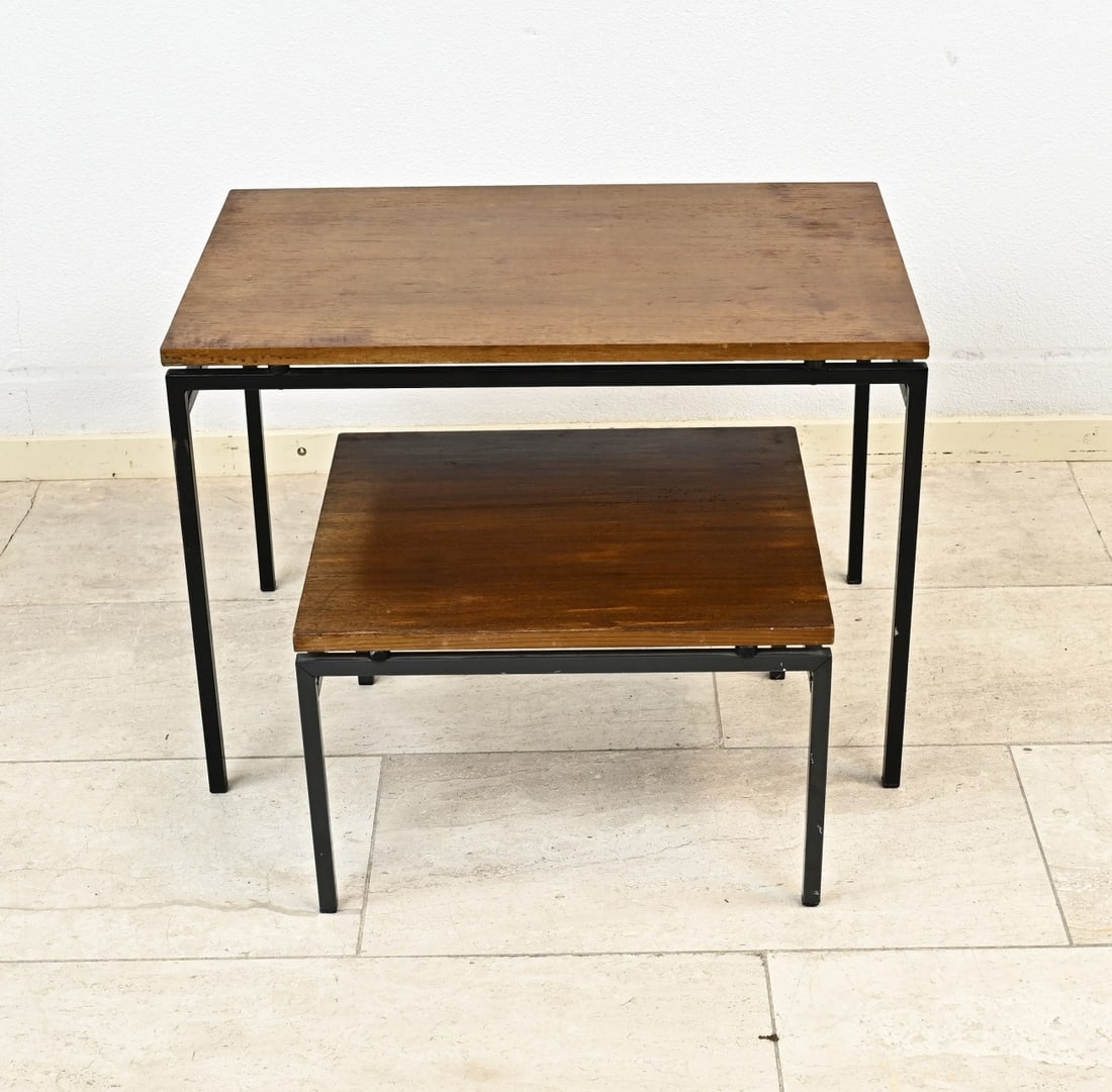 2x Cees Braakman side table: Two Dutch side tables (office tables) by Cees Braakman. Model Pastoe. Made of mahogany with metal. Dimensions: 28 x 44 x 38 cm / 46 x 65 x 40 cm. In good condition.