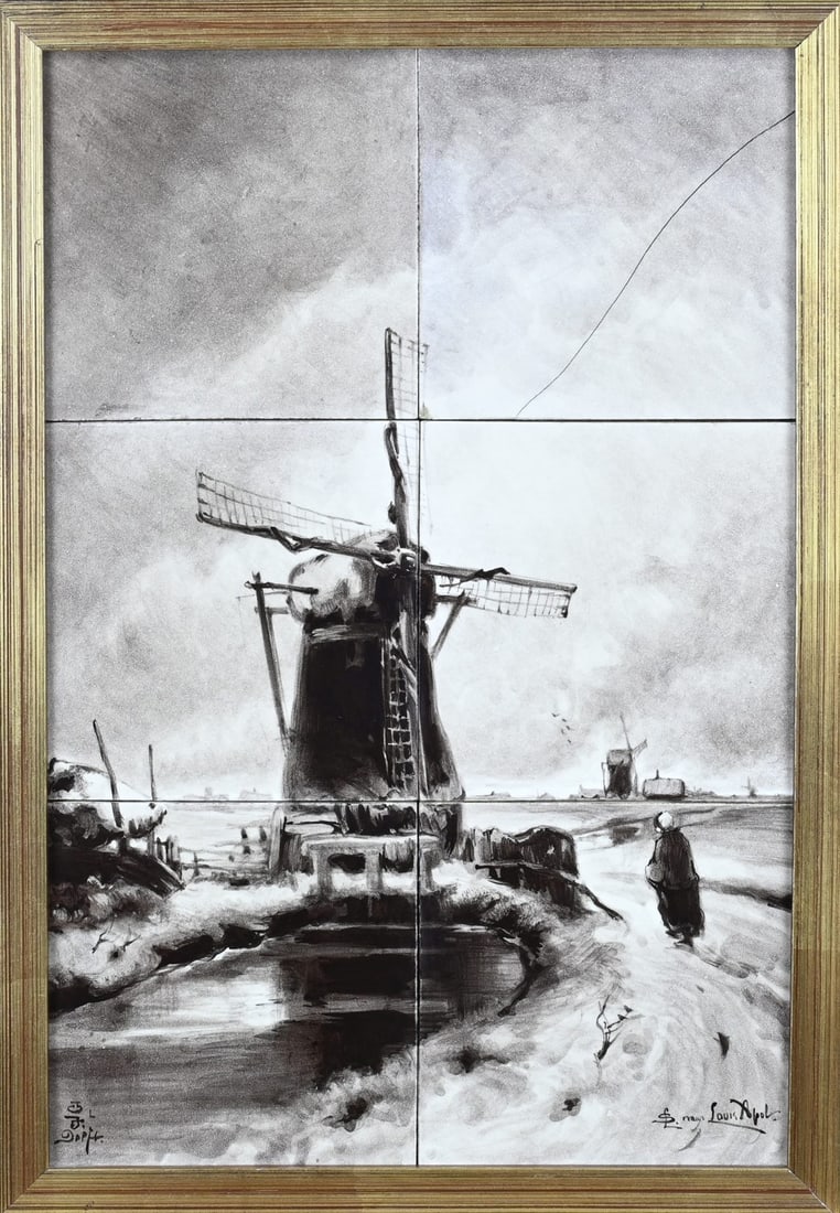 Tile tableau (Porceleyne Fles): Antique 6-pass fayence tile tableau from Porceleyne Fles. Holland. After a painting by Louis Apol. Circa 1900. One tile with crack. Dimensions: 45 x 30 cm. In fair/good condition.