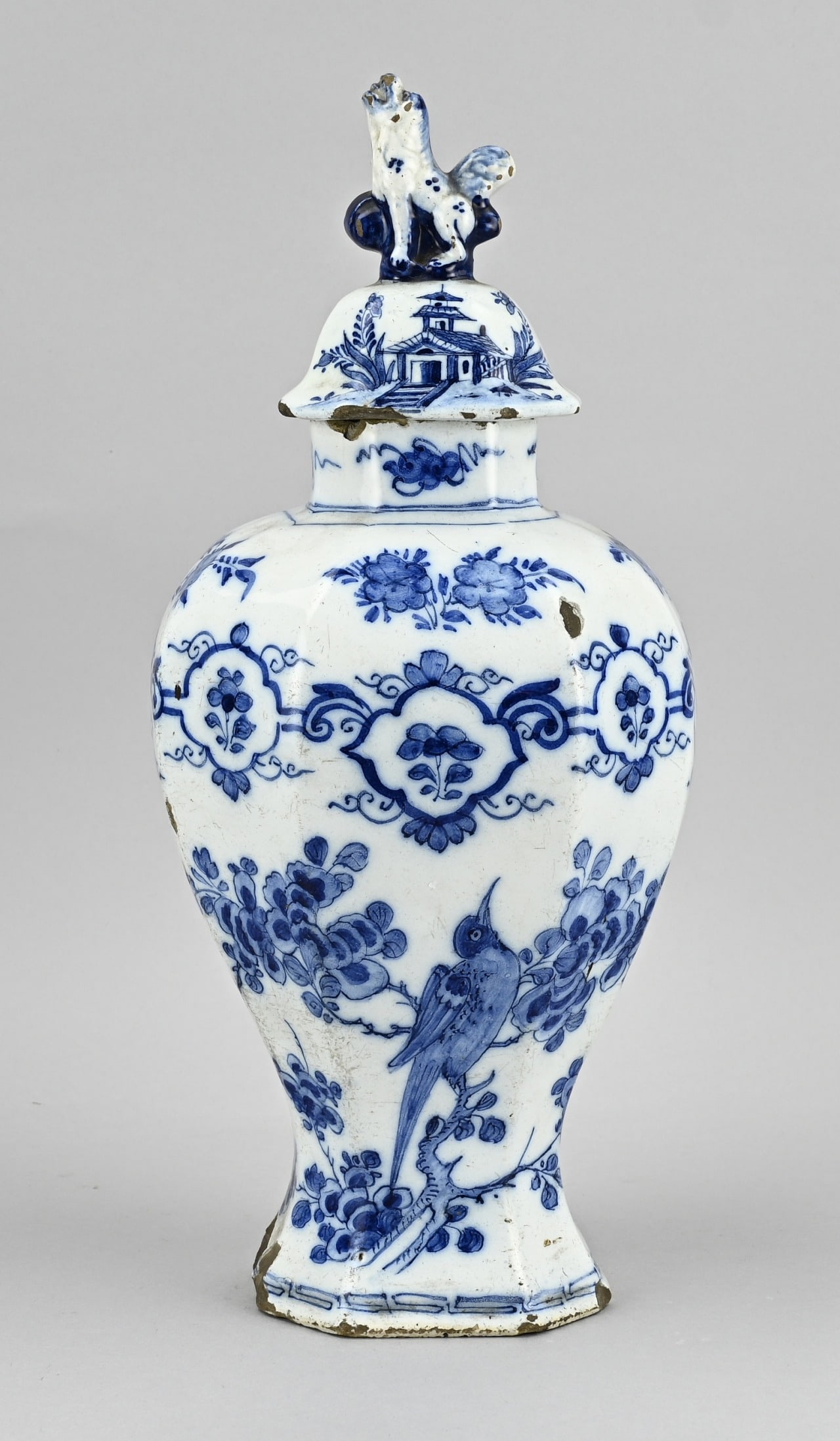 Delft lidded vase, H 40 cm. (1 of 3)
