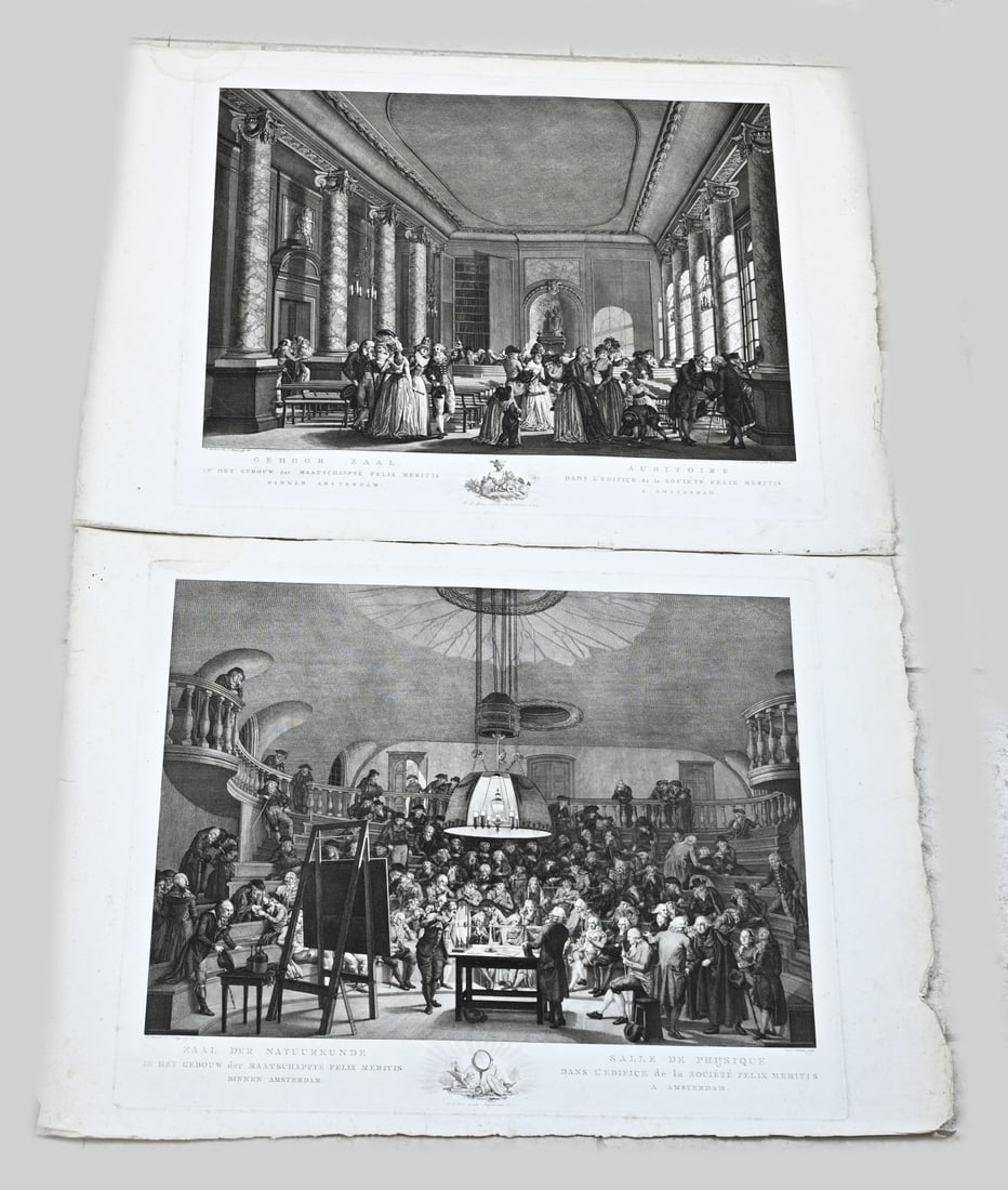 2x Antique engraving: Two antique Dutch engravings. 1x Auditorium. 1x Hall of Physics. Reinier Vinkele's sculpture. 1741 - 1816. Moisture stain on edge. Dimensions: H 48 x W 67 cm. In good condition.