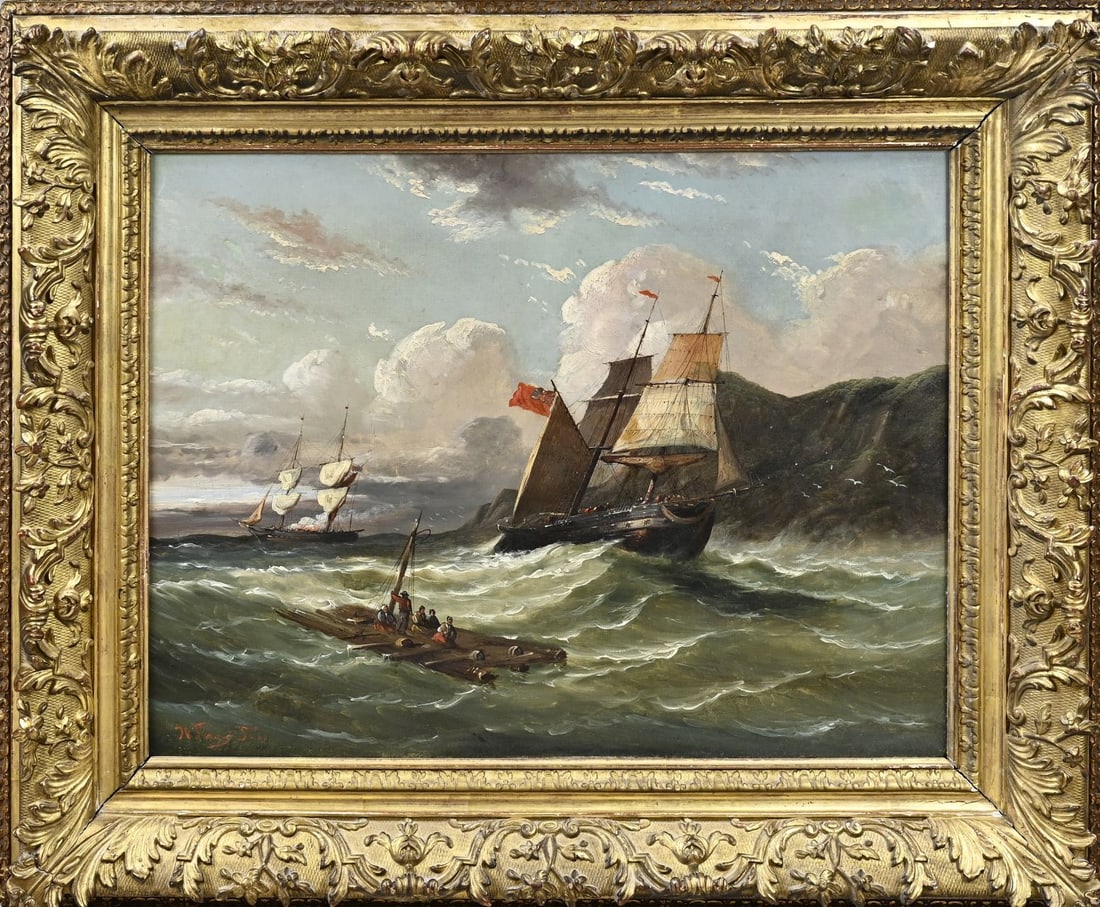 Willem Linnig Sr., English 2-master off the coast with shipwrecked sailors: Willem Linnig Sr. 1819 - 1885. English two-master off the coast with shipwrecked sailors. Oil on linen. Dimensions: H 50 x W 60 cm. In good condition.