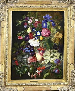 Jan Evert Morel, Still life: Jan Evert Morel. 1769 - 1808. Still life with blossom, fruit and pomegranates. Oil on linen. Dimensions: H 55 x W 42 cm. In good condition.