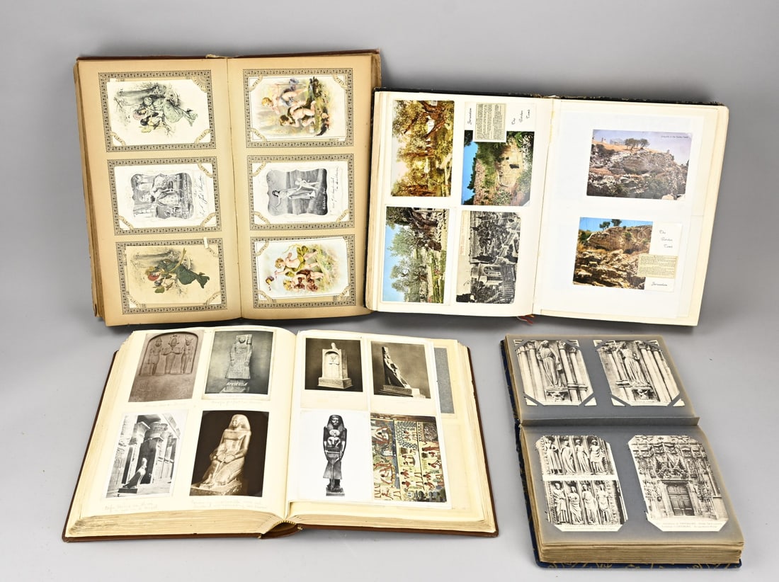 4x Interesting postcard album: Four various full postcard albums. 1x Egypt. 1x Art Nouveau album with various cards (including putti cards). 2x Album with travel memories and various. In good condition.
