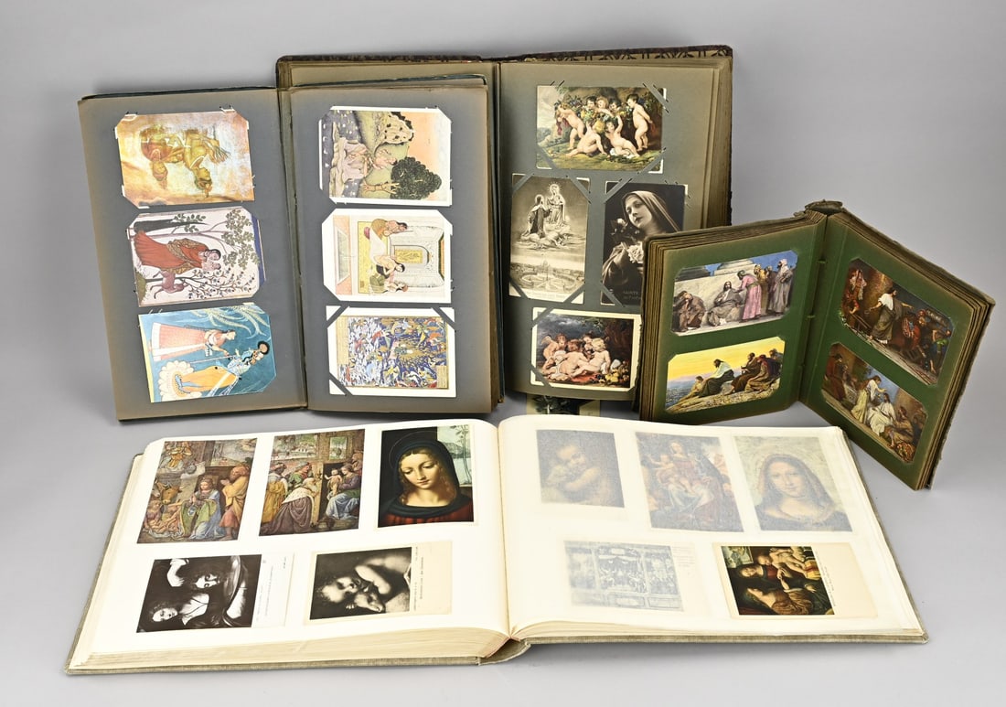 4x Interesting postcard album: 4x Interesting stamp albums. Among others; 2x album baroque with lots of nudity and religious. 2x Religious album. In good condition.