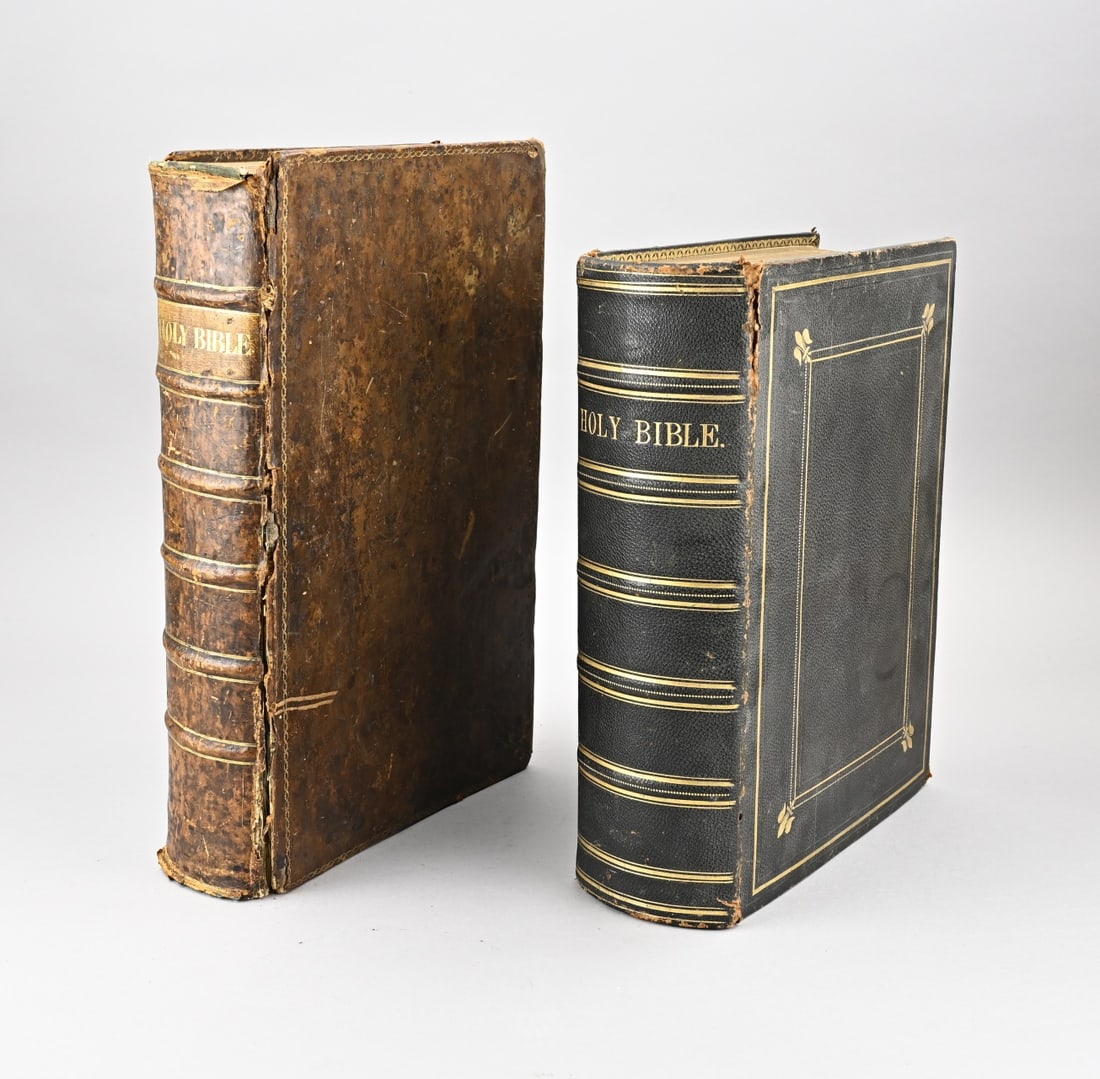 2x Holy Bible: 2x Antique Holy Bible. 1x 18th - 19th Century, Birmingham by John Baskerville with engravings and leather binding, spine loose. 1x The Family devotional Bible, The London and New York printing and