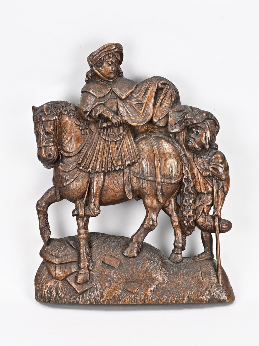 Carved figure group: 18th - 19th century carved group of figures of oak. Knight on horseback with beggar. Dimensions: 37 x 29 x 4.5 cm. In good condition.
