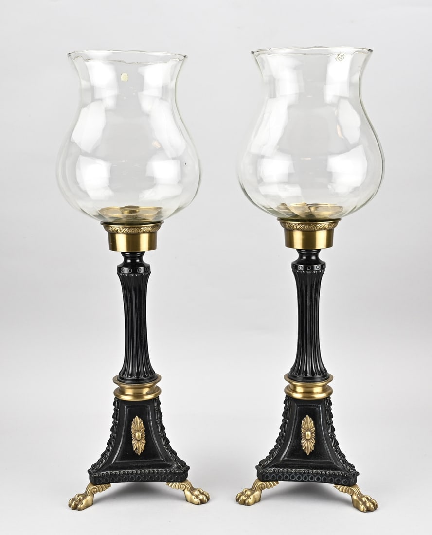 2x Wind light in Louis Seize style: Two large metal with brass lanterns. Louis Seize style. Second half of the 20th century. Dimensions: H 65 cm. In good condition.