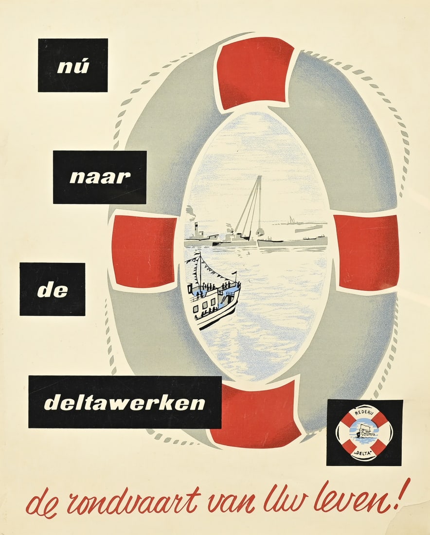 Poster Delta Works: Rare, intact, Dutch poster of the Delta Works Shipping Company. 30s - 50s. Dimensions: H 45 x W 36.5 cm. In good condition.