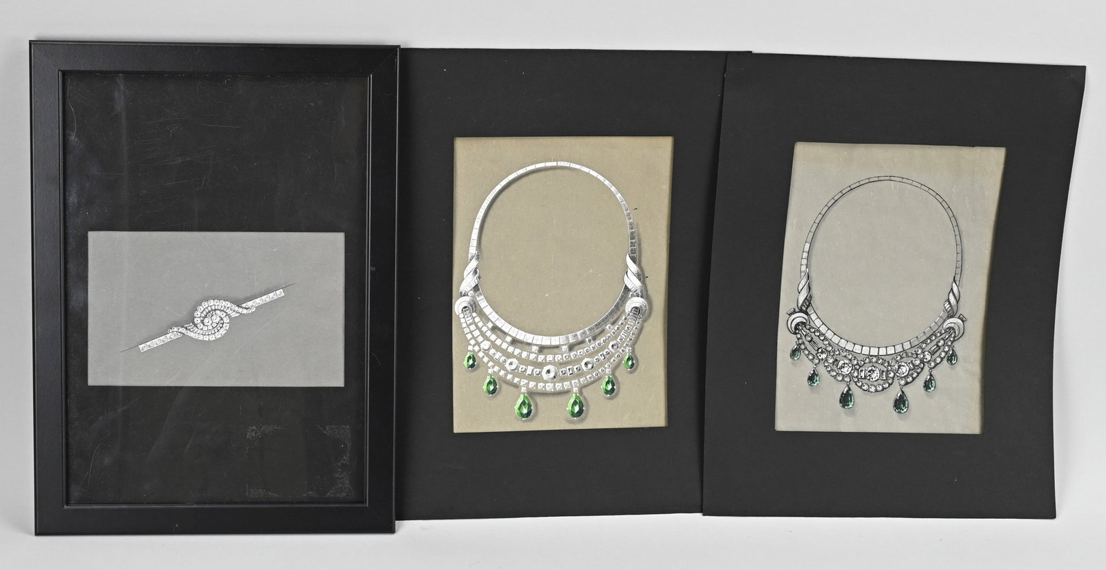 2x Jewelry design drawing: Two painted jewelry designs. Circa 1900. Gouache on paper. Dimensions: H 20 x W 15 cm. In good condition.