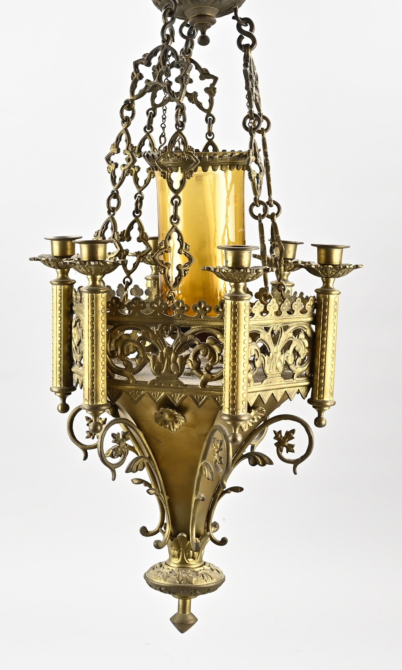 God's lamp with candles: Neo-Gothic sanctuary lamp of brass with candles. 19th century. For six candles all around. Dimensions: 70 x Ø 30 cm. In good condition.