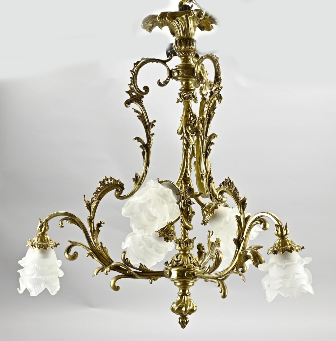 Brass pendant lamp, 1900: Antique 6-light brass pendant lamp in Rococo style. With satin glass shades. Circa 1900. Dimensions: 80 x Ø 60 cm. In good condition.
