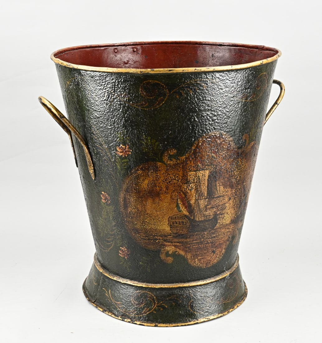 Umbrella stand: Antique painted umbrella stand. 19th century. On one side with an image of a ship, on the other side a ship with a mill. Dimensions: H 50 x Ø 44 cm. In good condition.