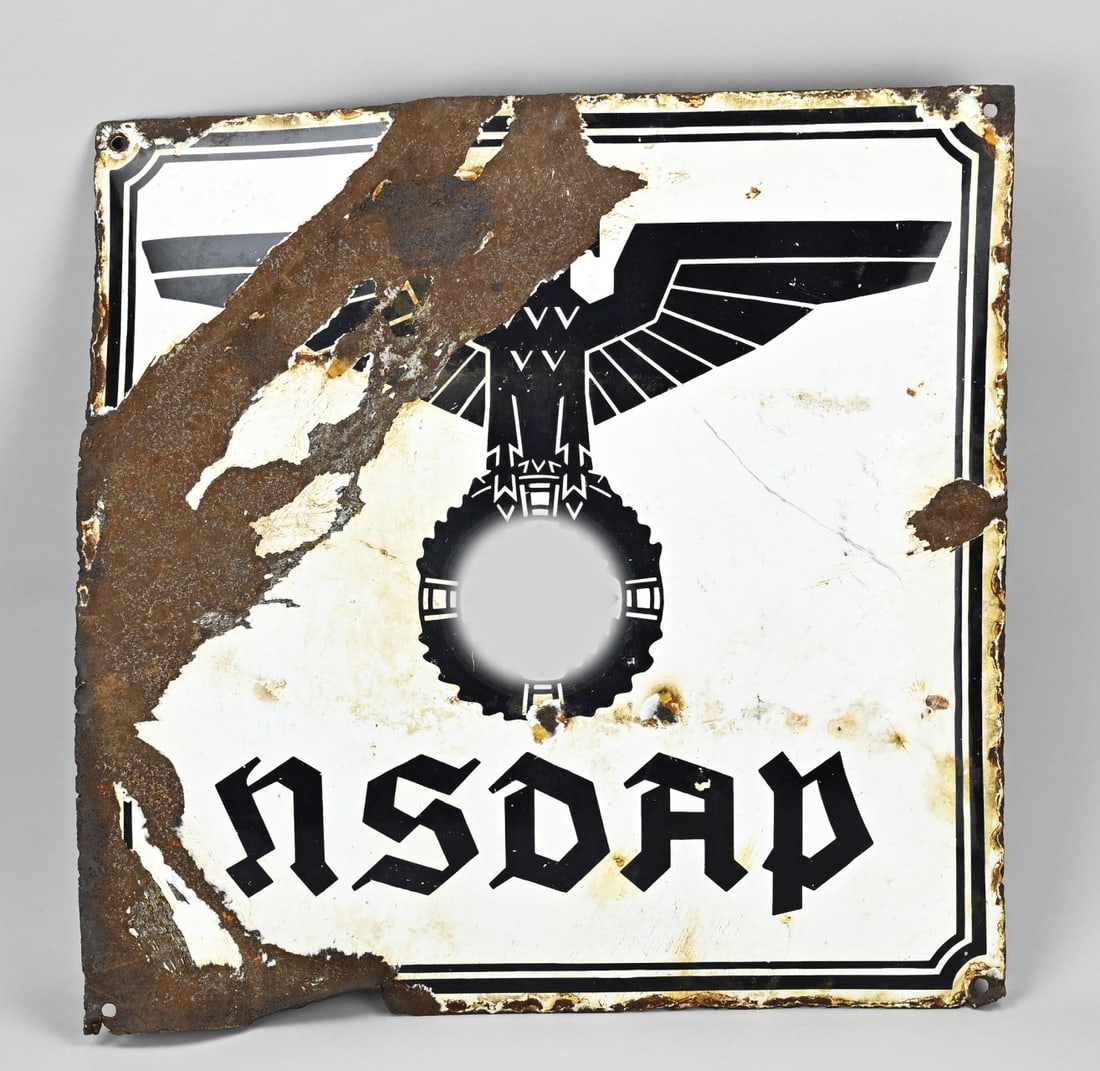 NSDAP enamel plate (militaria): Original German Third Reich NSDAP enamel wall sign. Dimensions: H 49 x W 59 cm. In moderate condition.