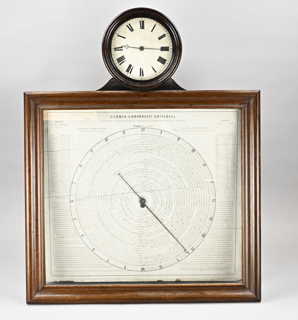 French world time clock: Rare 19th century French world time clock. Cadran Comparatif Universel Breveté. Movement completely overhauled. Instantly giving L. Heure des Principaux pays du Monde. Dimensions: 81 x 64 x 13 cm.
