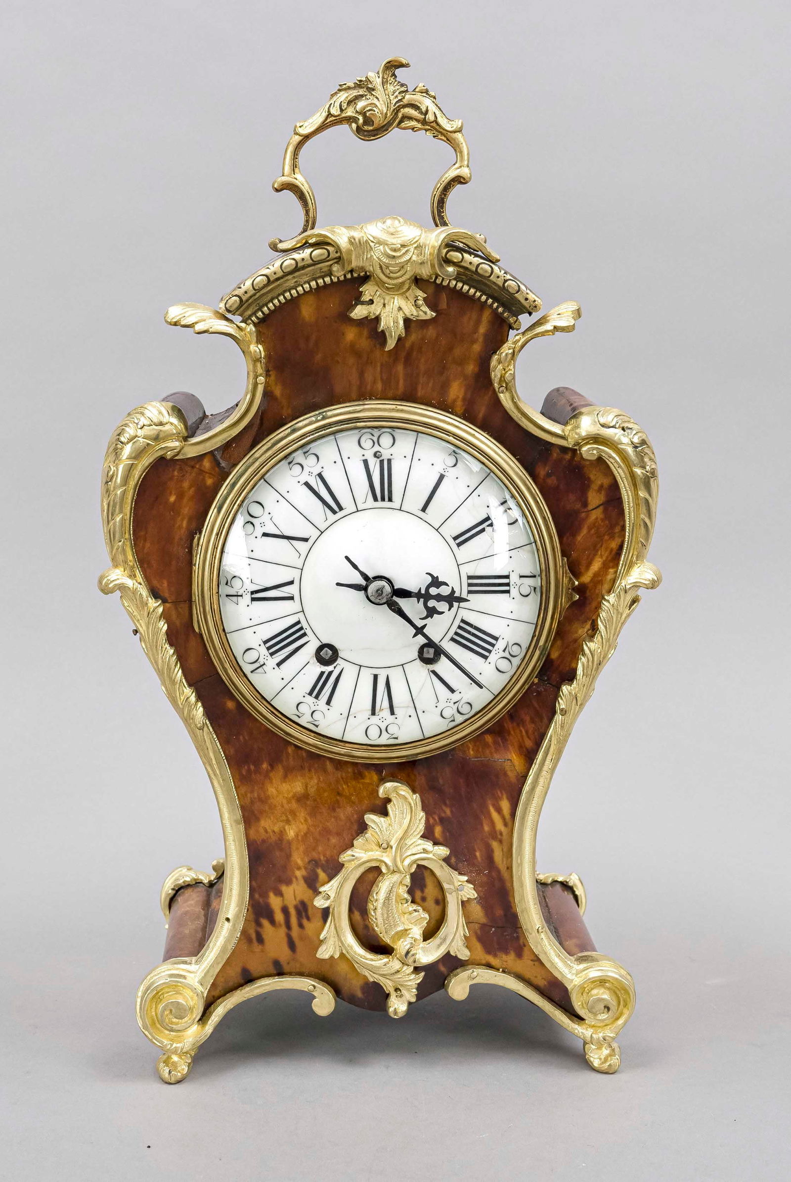 French antique clock, 1880: Antique French antique pendulum with bronze fittings. Circa 1880. Eight-day movement, half-hourly striking. AD Mougin. Functions not tested. Dimensions: H 42.5 cm. In good condition.