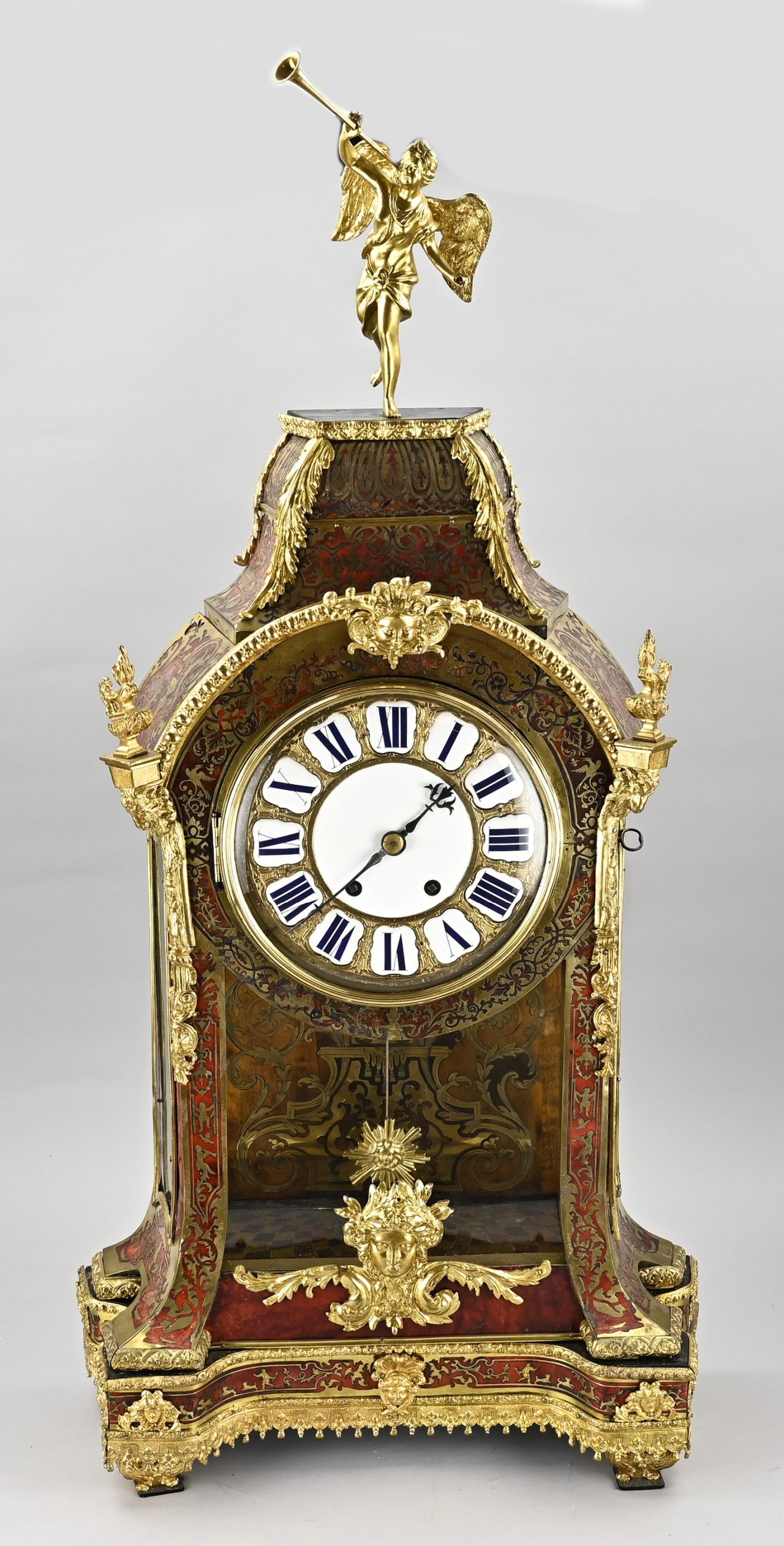 French boulle clock, H 104 cm.: Large 19th century French boulle clock with angel and gilt bronze mounts. Boulle is in very good condition. Eight-day movement, half-hour strike, spring pendulum. Dimensions: H 104 cm. In good